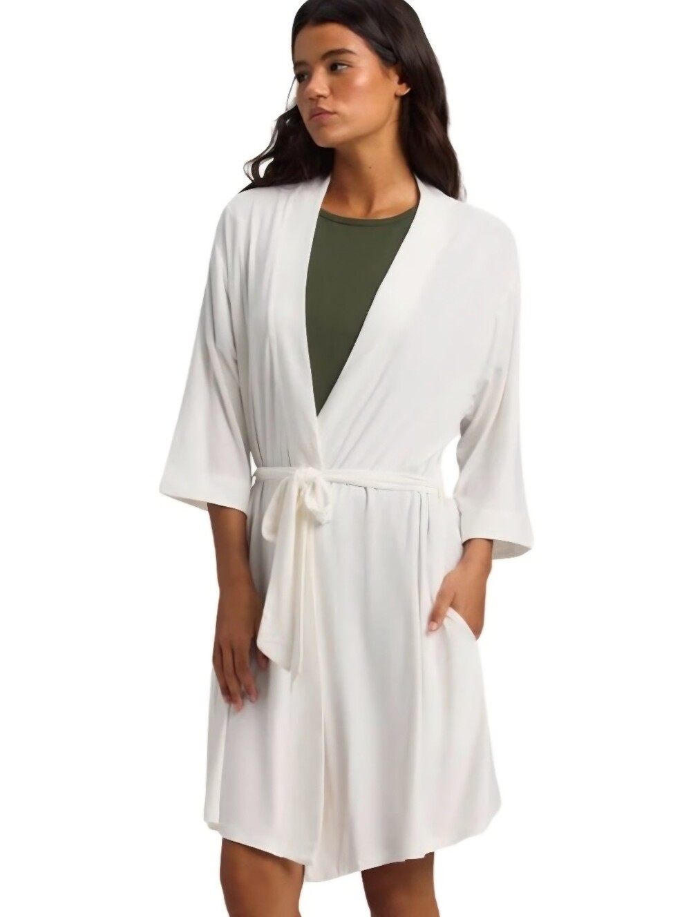 COZY EARTH White Bamboo Short Stretch Knit Wrap Robe Kimono Luxe Loungewear SZ S